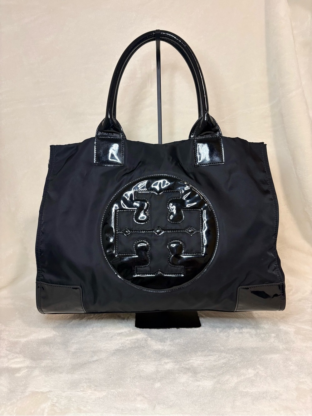 Tory Burch Ella Black Tote with Patent Logo Accent